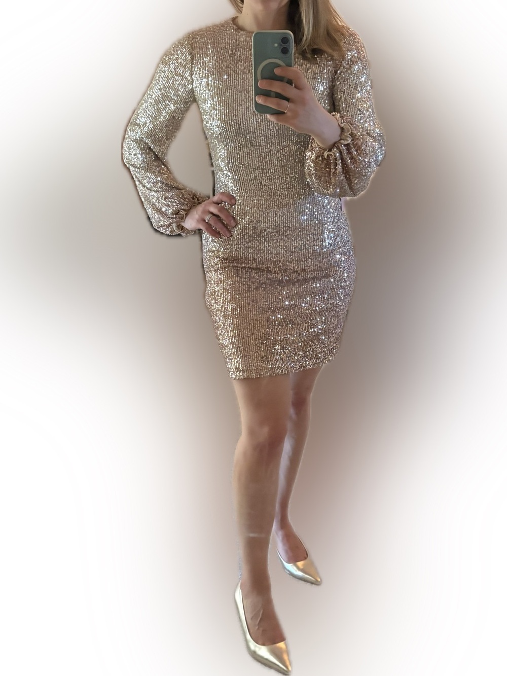 BHLDN Long Sleeve Gold Sequin Minidress
